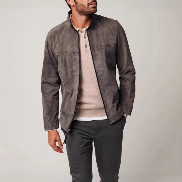 Herren elegante Lederjacke im minimalistischen Design mit hohem Kragen Echoarchiv