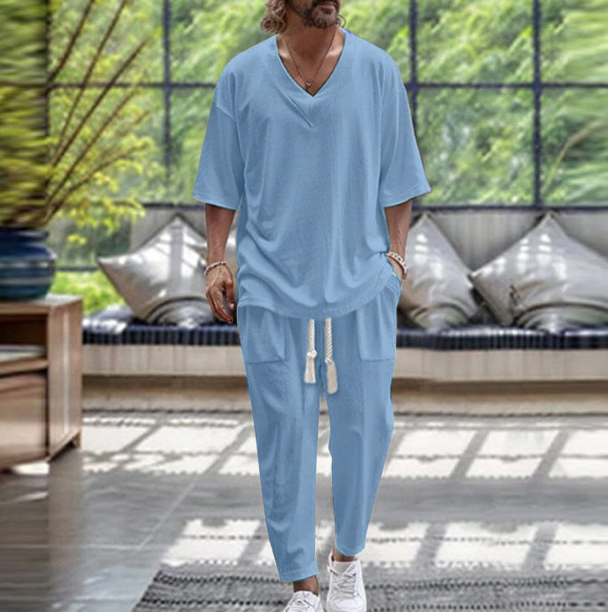 Herren legeres Freizeitanzug-Set mit V-Ausschnitt und elastischen Bündchen Echoarchiv