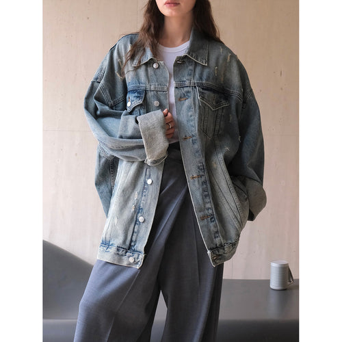 Damen Oversize Vintage-inspirierte Jeansjacke mit Distressed-Details und überschnittener Schulter Echoarchiv