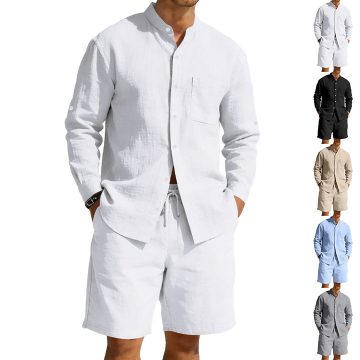 Herren nan sommerliches Leinen-Set mit Stehkragenhemd und Kordelzug-Kurzhose Echo Archiv