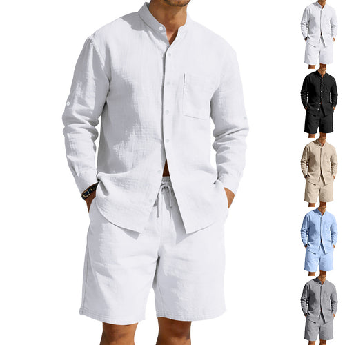 Herren nan sommerliches Leinen-Set mit Stehkragenhemd und Kordelzug-Kurzhose Echo Archiv