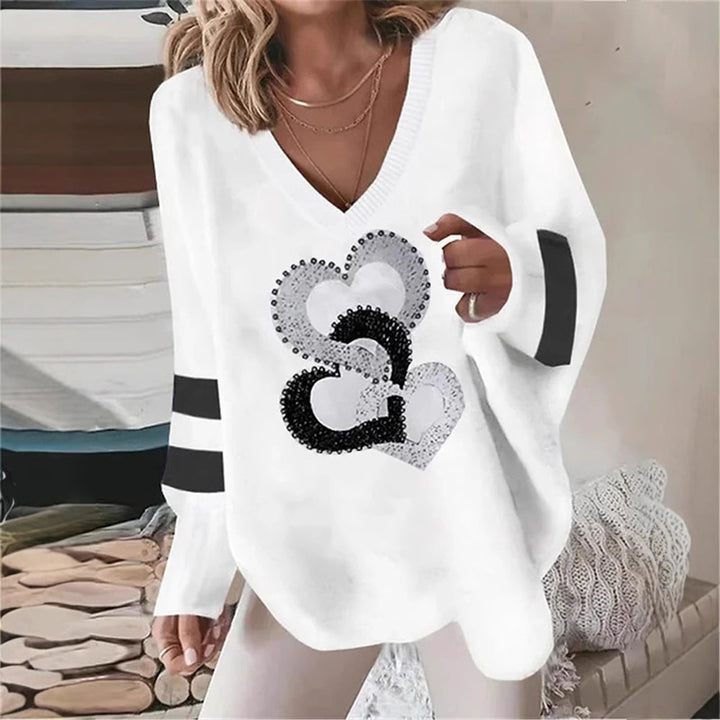 Damen nan übergroßer Strickpullover mit tiefem Ausschnitt Paillettenherz und Kontrastarmstreifen Echo Archiv