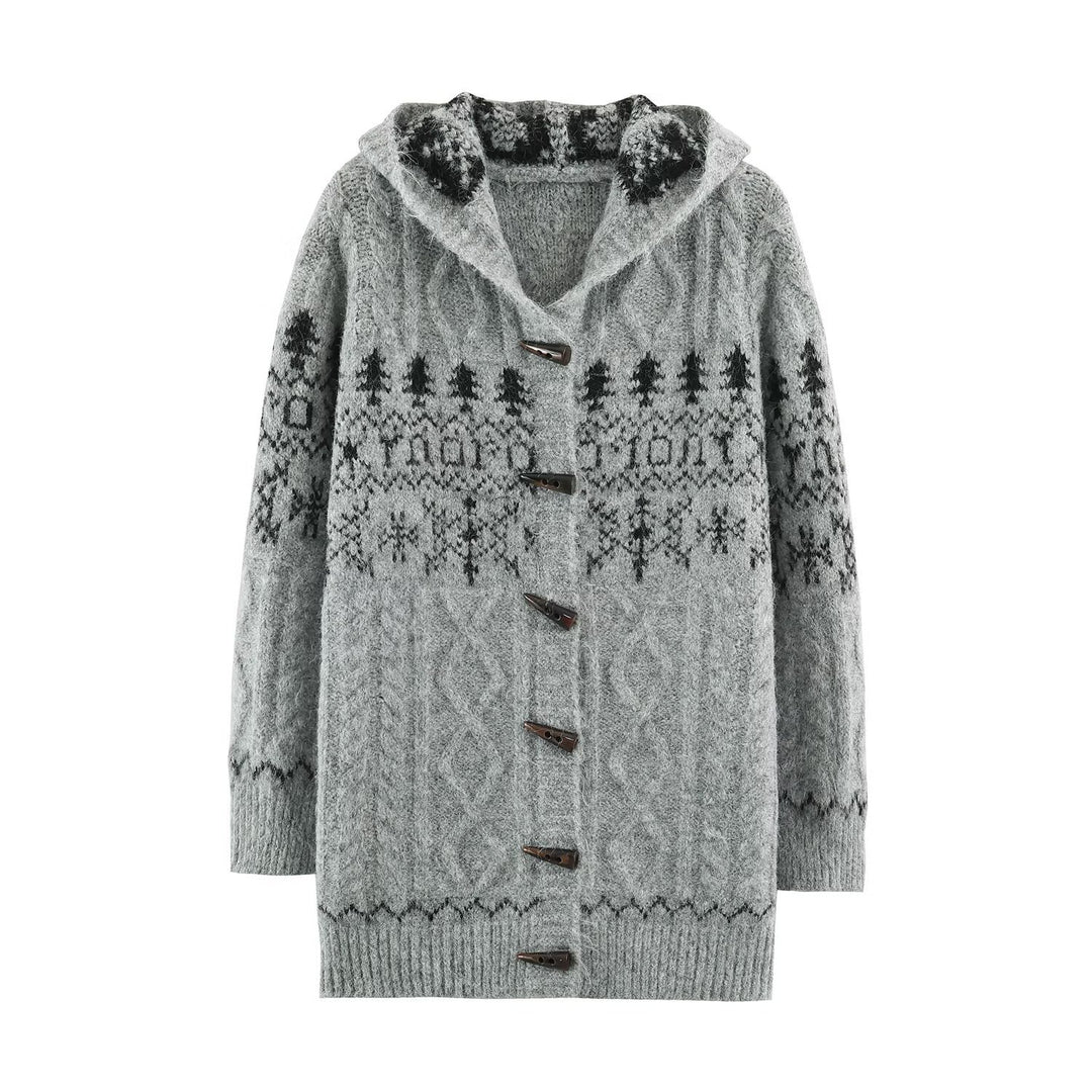 Damen Grobgestrickte Kapuzen‑Strickjacke mit Hornknöpfen und Norwegermuster Echoarchiv