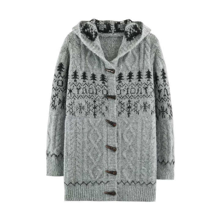 Damen Grobgestrickte Kapuzen‑Strickjacke mit Hornknöpfen und Norwegermuster Echoarchiv