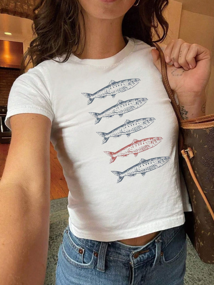 Damen Crop-T-Shirt mit künstlerischem Statementdruck Echo Archiv