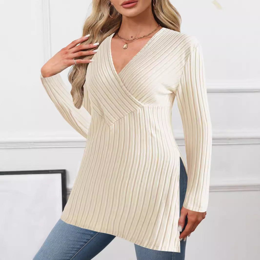 Damen Gerippter Wickel‑V‑Ausschnitt Longpullover mit Taillenbetonung und Seitenschlitzen Echoarchiv