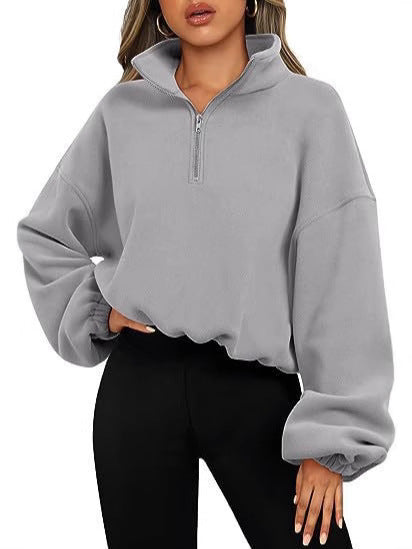 Damen nan kurz geschnittenes Halbzip-Sweatshirt mit hohem Stehkragen, Ballonärmeln und elastischem Saum Echo Archiv