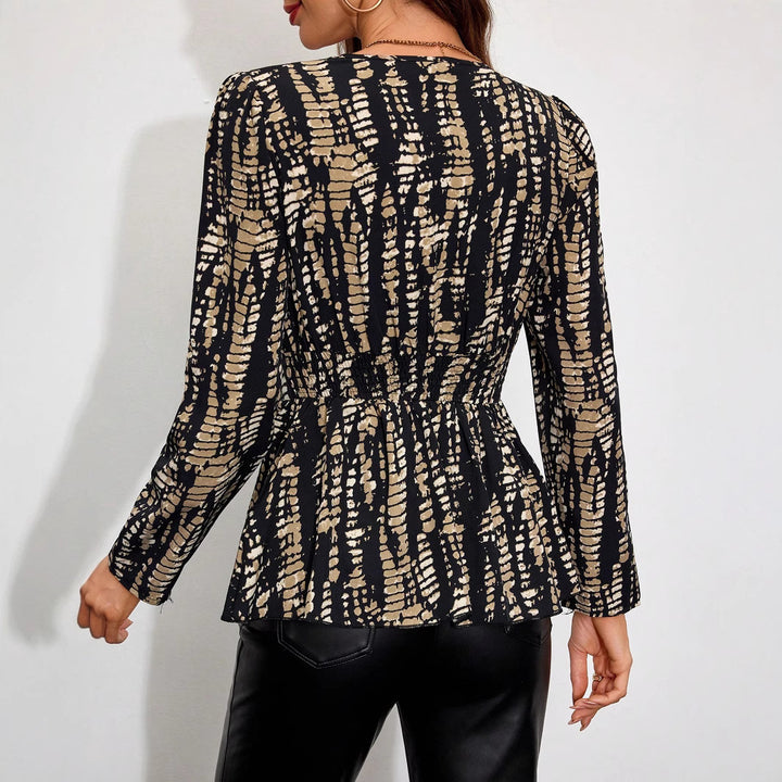 Damen V‑Ausschnitt Peplum-Bluse mit Wickeloptik und grafischem Print – Avérine