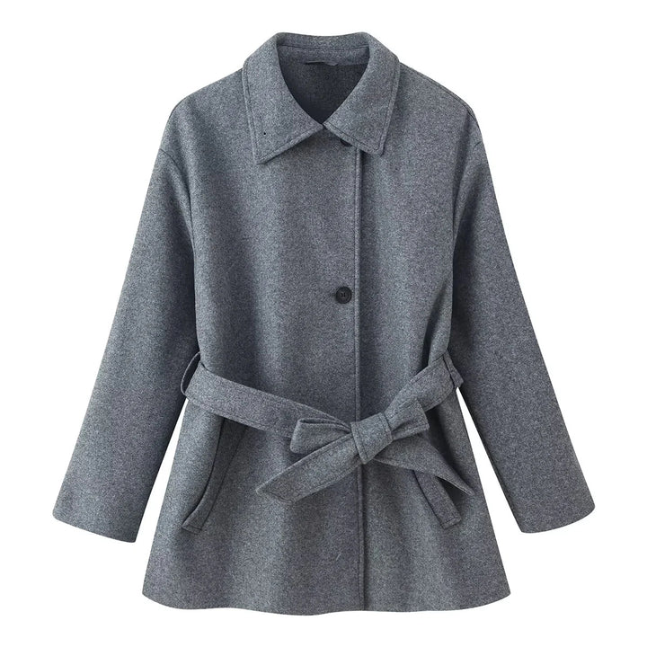 Damen kurzmantel mit Bindegürtel und Hemdkragen im Wollmix – Montévia