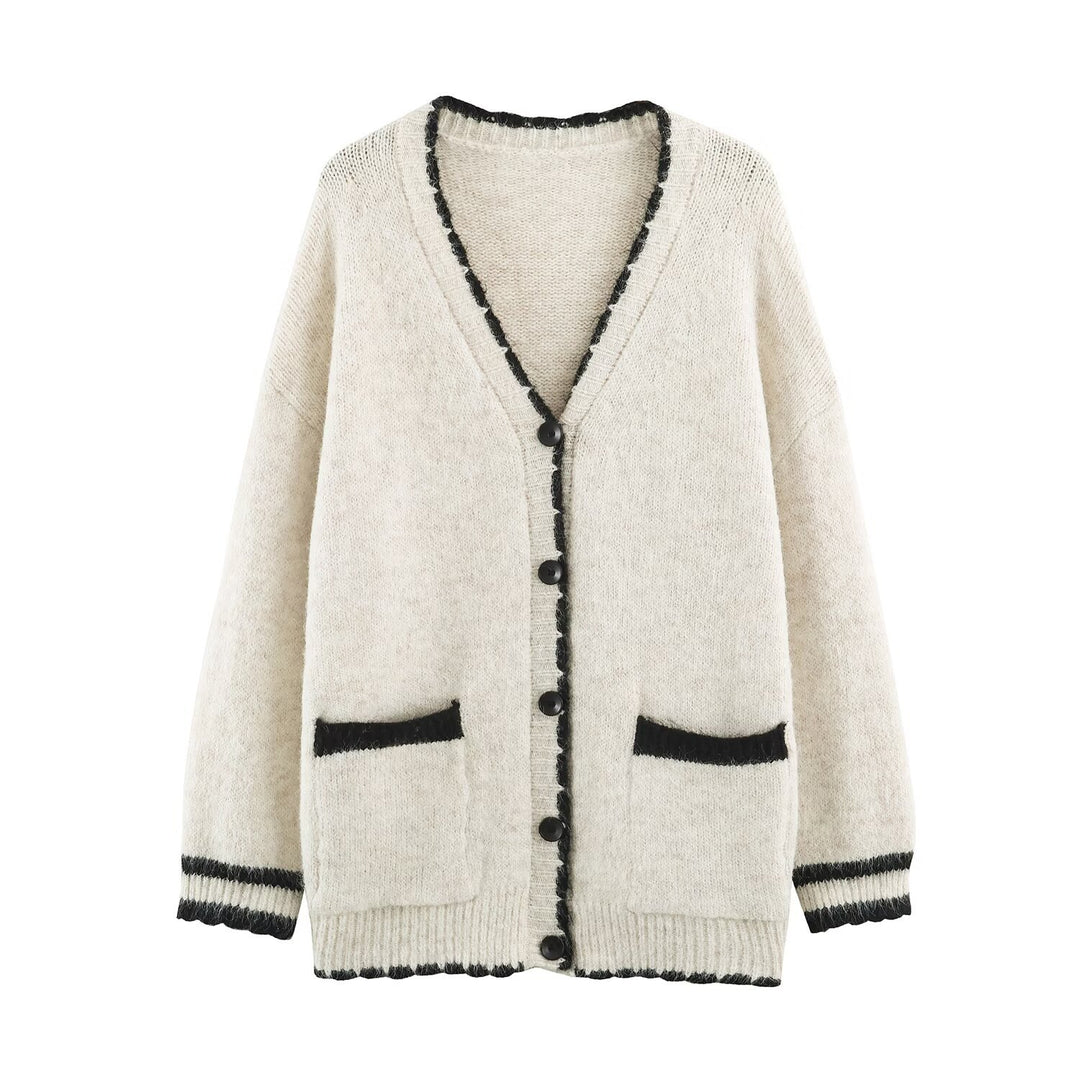 Damen Oversize Strickcardigan mit V-Ausschnitt, Knopfleiste und kontrastierenden Zierkanten Echoarchiv