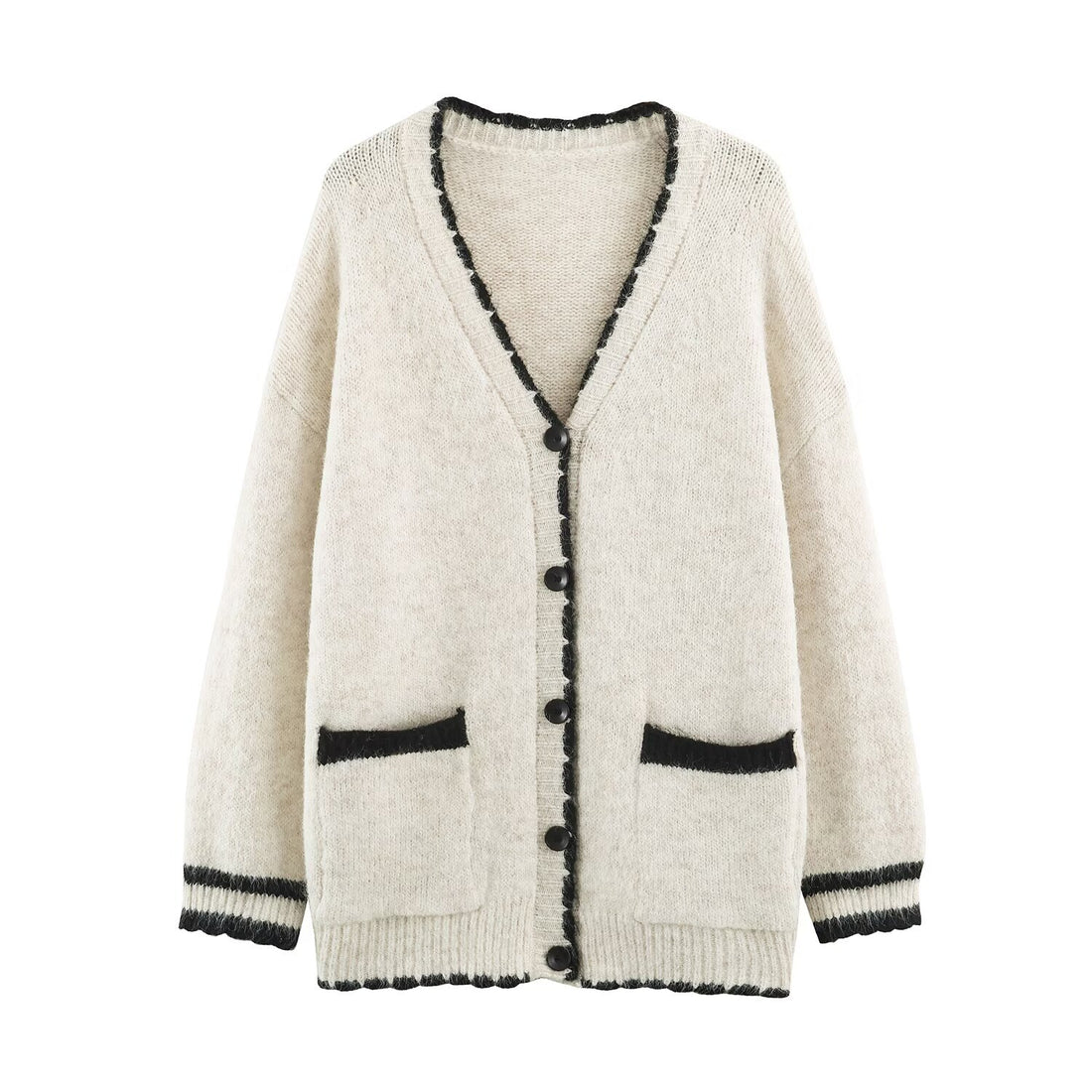 Damen Oversize Strickcardigan mit V-Ausschnitt, Knopfleiste und kontrastierenden Zierkanten Echoarchiv