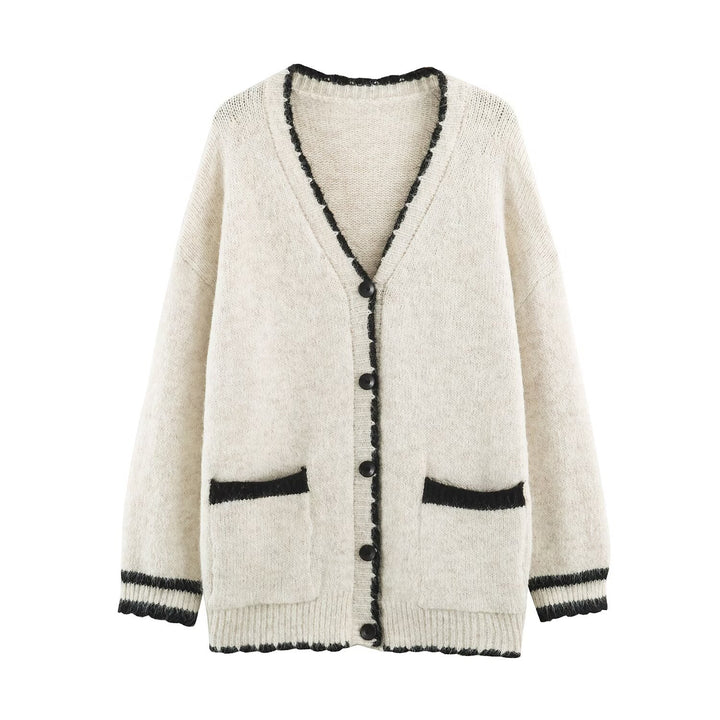 Damen Oversize Strickcardigan mit V-Ausschnitt, Knopfleiste und kontrastierenden Zierkanten Echoarchiv