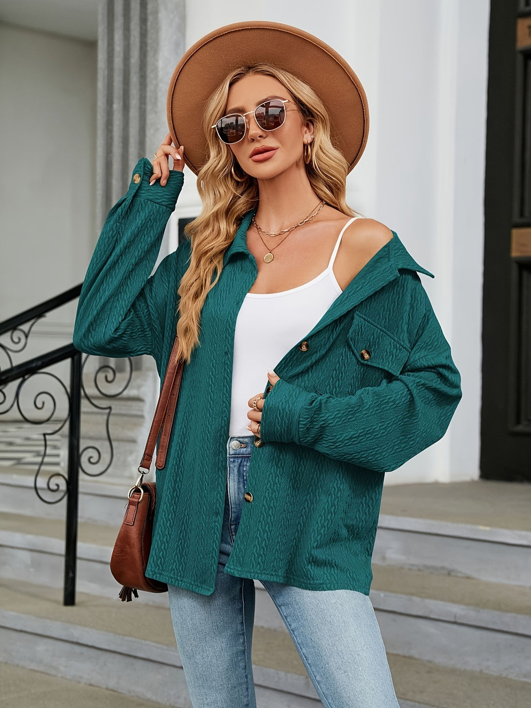 Damen Texturierte Oversize-Hemdjacke mit Pattentaschen Echoarchiv