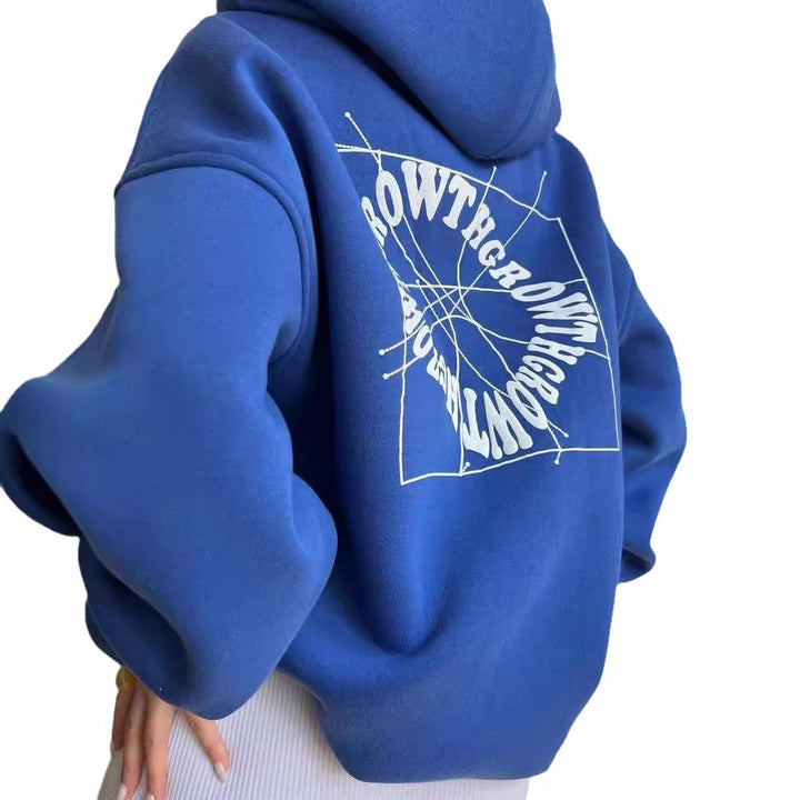 Damen Oversized Kapuzenpullover mit abstraktem Rückenprint und gerippten Bündchen Echoarchiv