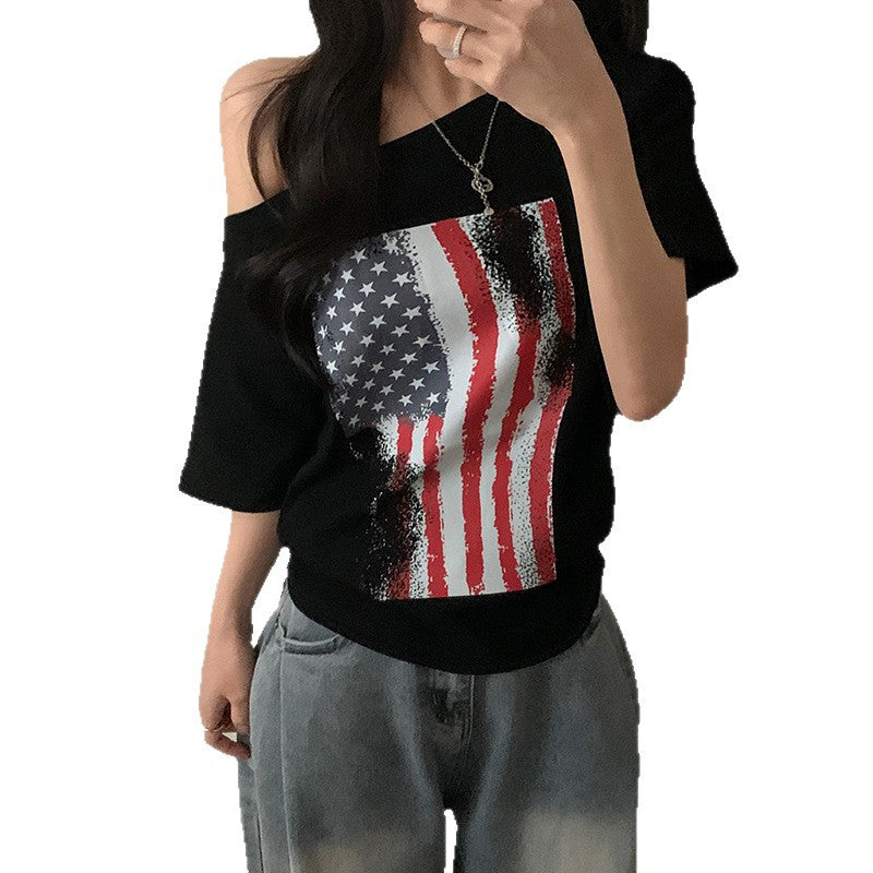 Damen lässiges T-Shirt mit amerikanischem Flaggen-Design und weichem Baumwollmaterial Echo Archiv