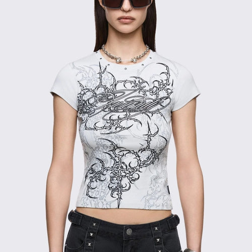 Damen Figurbetontes Kurzarm-T-Shirt mit Grafischem Design Echo Archiv