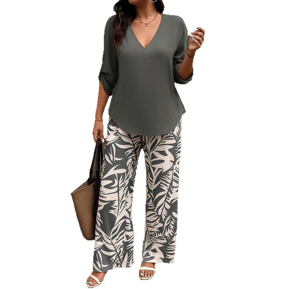 Damen Elegantes Set aus V-Ausschnitt Bluse und weitem Palazzohosen Echo Archiv