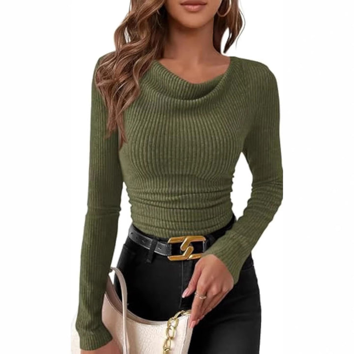 Damen Figurbetontes Feinripp-Longsleeve mit asymmetrischem Wasserfallkragen – Avérine