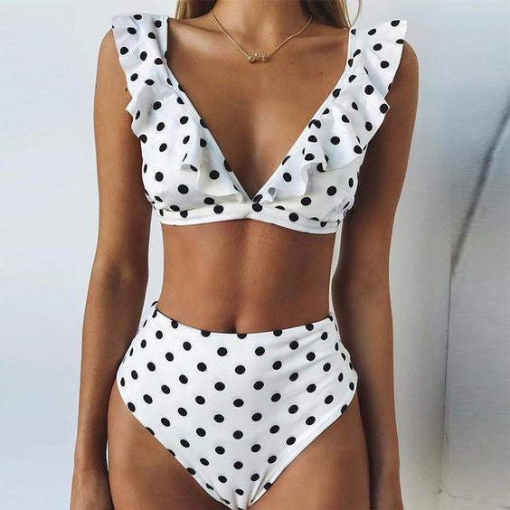 Damen Hoch tailliertes Bikini-Set mit verspielten Rüschen und Pünktchen Echo Archiv