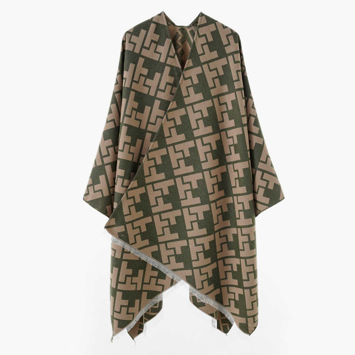 Damen Oversize-Cape mit geometrischem Jacquard und Fransensaum – Avérine