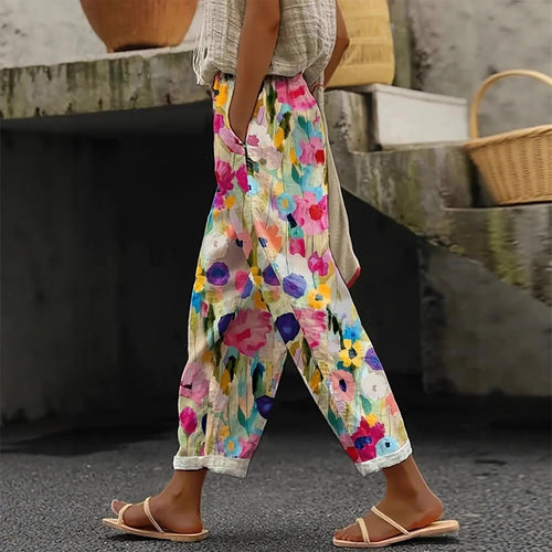 Damen Weite Sommerhose mit floralem Design und praktischen Taschen Echoarchiv