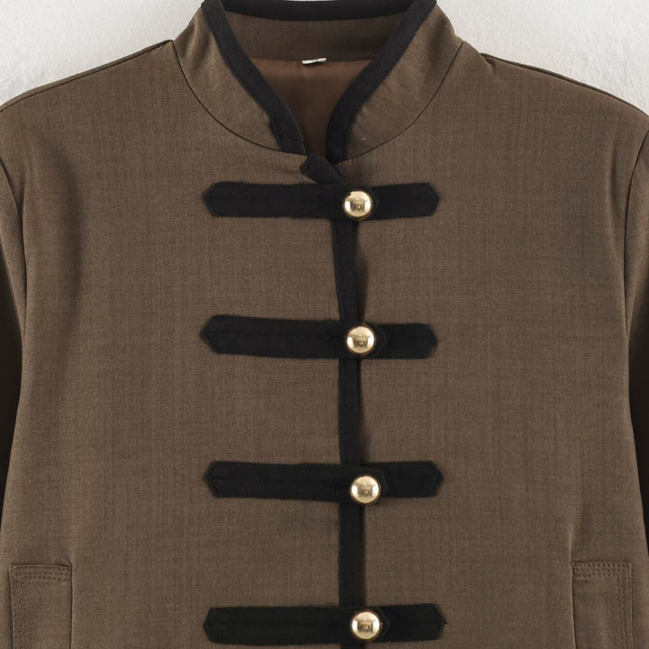 Damen Kurzjacke im Mandarinstil mit dekorativen Zierknoten und Kontrastbesatz Echoarchiv
