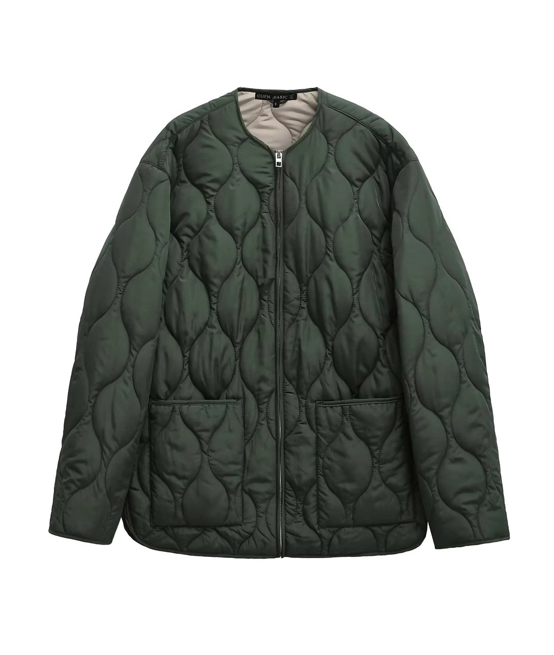 Damen gesteppte Oversize-Quiltjacke mit Rundhals, durchgehendem Reißverschluss und aufgesetzten Taschen – Célinea