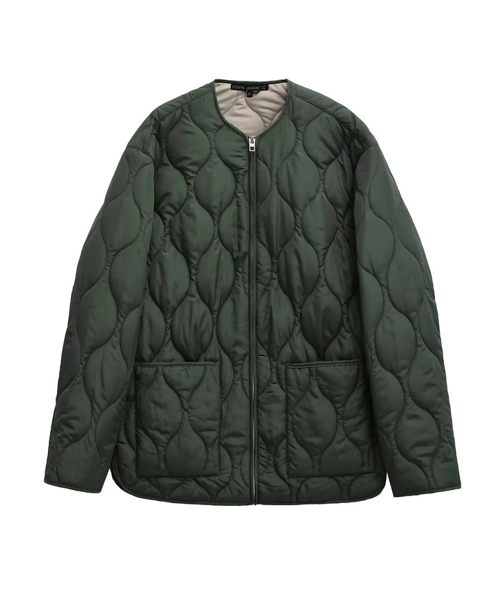 Damen gesteppte Oversize-Quiltjacke mit Rundhals, durchgehendem Reißverschluss und aufgesetzten Taschen – Célinea