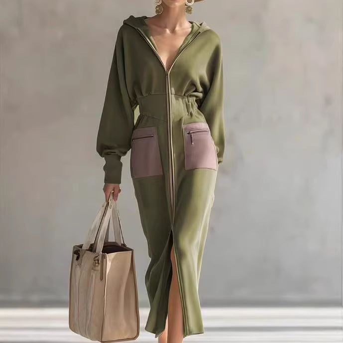 Damen Kapuzen-Midikleid im Sport-Chic mit Taillen‑Corsage und Fronttaschen – Élara