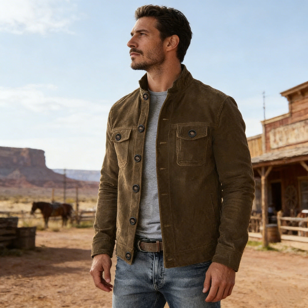 Herren nan klassische Velourslederjacke mit Stehkragen, Knopfleiste und aufgesetzten Brusttaschen Echo Archiv