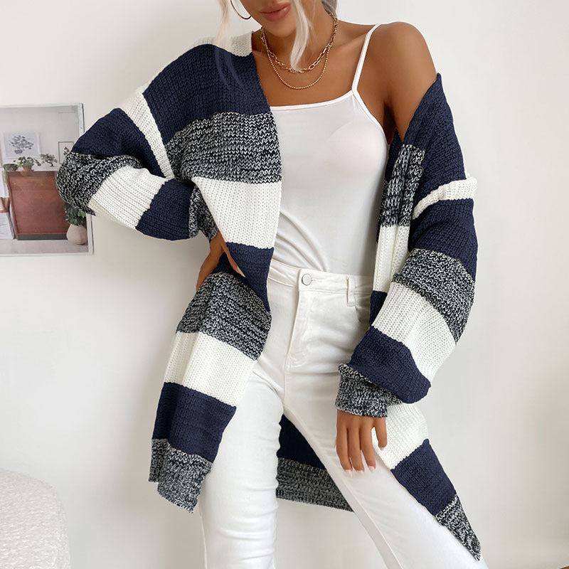 Damen Longline Strickcardigan mit breiten Blockstreifen, offener Front und überschnittener Schulter Echoarchiv