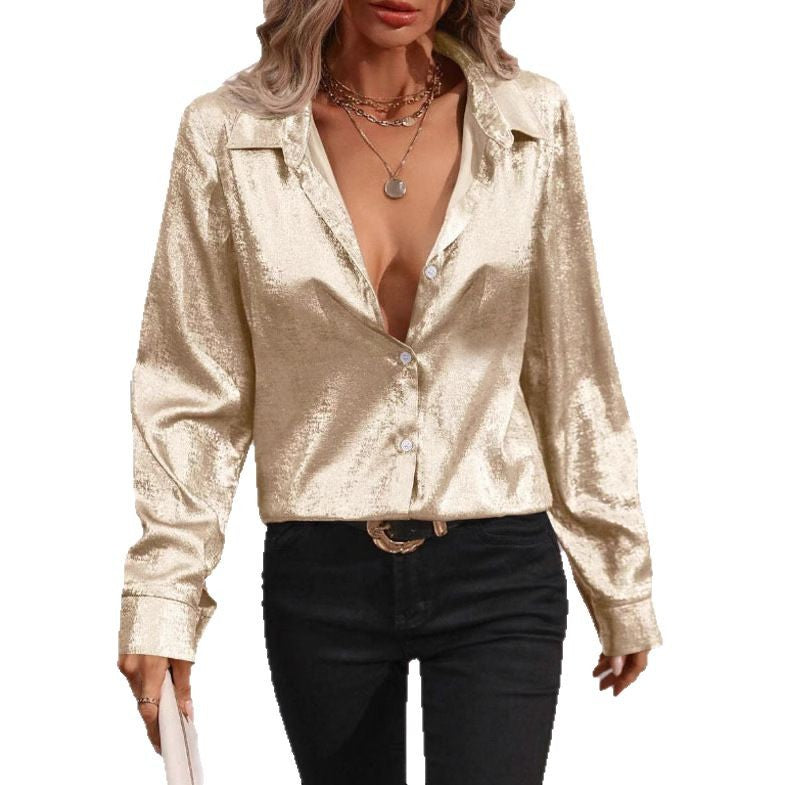 Damen Satinoptik-Hemdbluse mit Metallic-Glanz, legerer Passform und Manschetten Echoarchiv