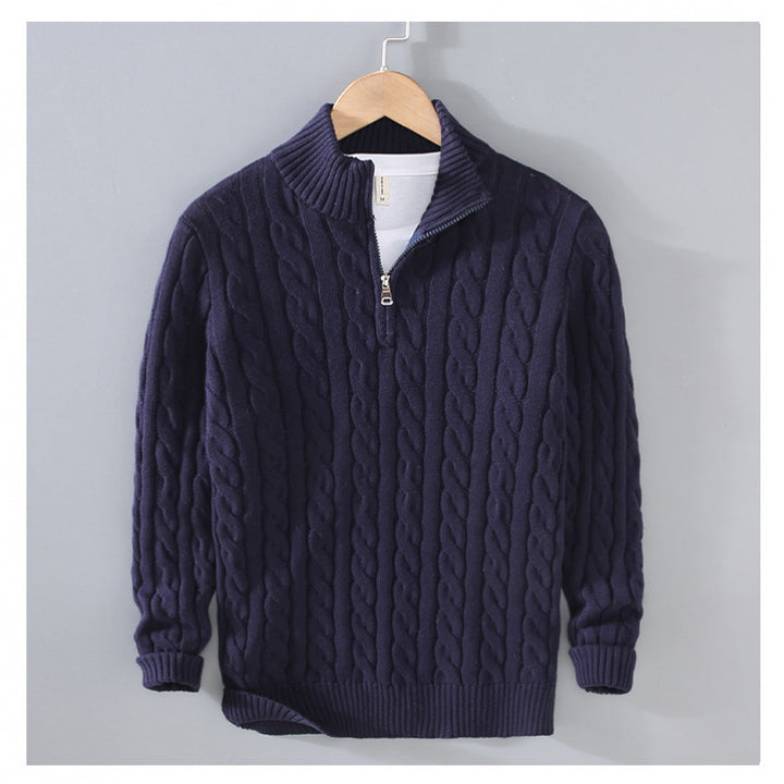 Herren Zopfmuster-Halbzip-Pullover aus weicher Baumwollmischung mit Stehkragen Echoarchiv