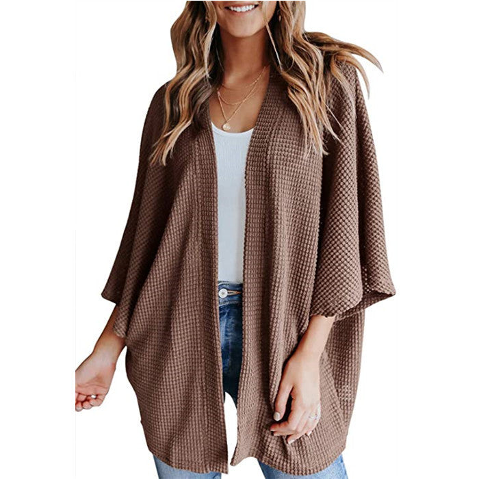 Damen Waffelstrick Offener Kimono-Cardigan mit Fledermausärmeln Echo Archiv
