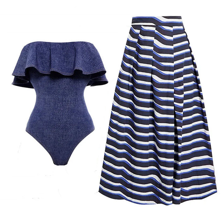 Damen Bandeau Badeanzug mit dekorativen Schleifen und gestreiftem Maxiröckchen Echo Archiv
