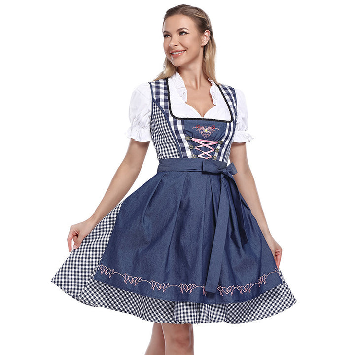 Damen nan klassisches Trachten-Dirndlkleid mit geschnürtem Mieder, herzbestickter Schürze und Vichy-Karo Rock Echo Archiv