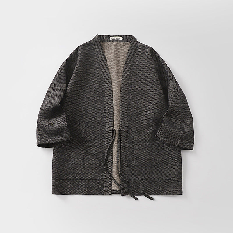 Herren Lockerer Kimono-Cardigan aus strukturierter Baumwollmischung mit kurzem Ärmel und Bindeband Echoarchiv