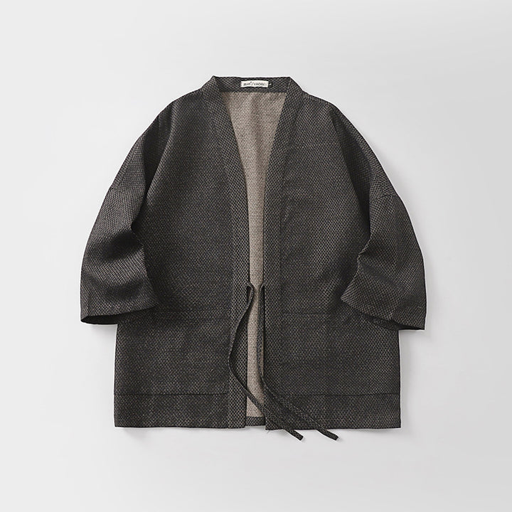 Herren Lockerer Kimono-Cardigan aus strukturierter Baumwollmischung mit kurzem Ärmel und Bindeband Echoarchiv