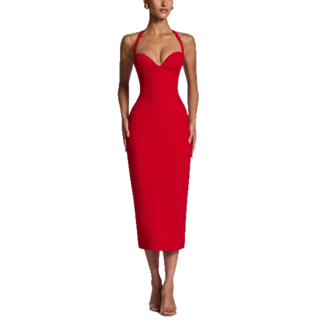 Damen Figurbetontes Midi-Kleid mit Herzausschnitt und verstellbaren Trägern Echo Archiv