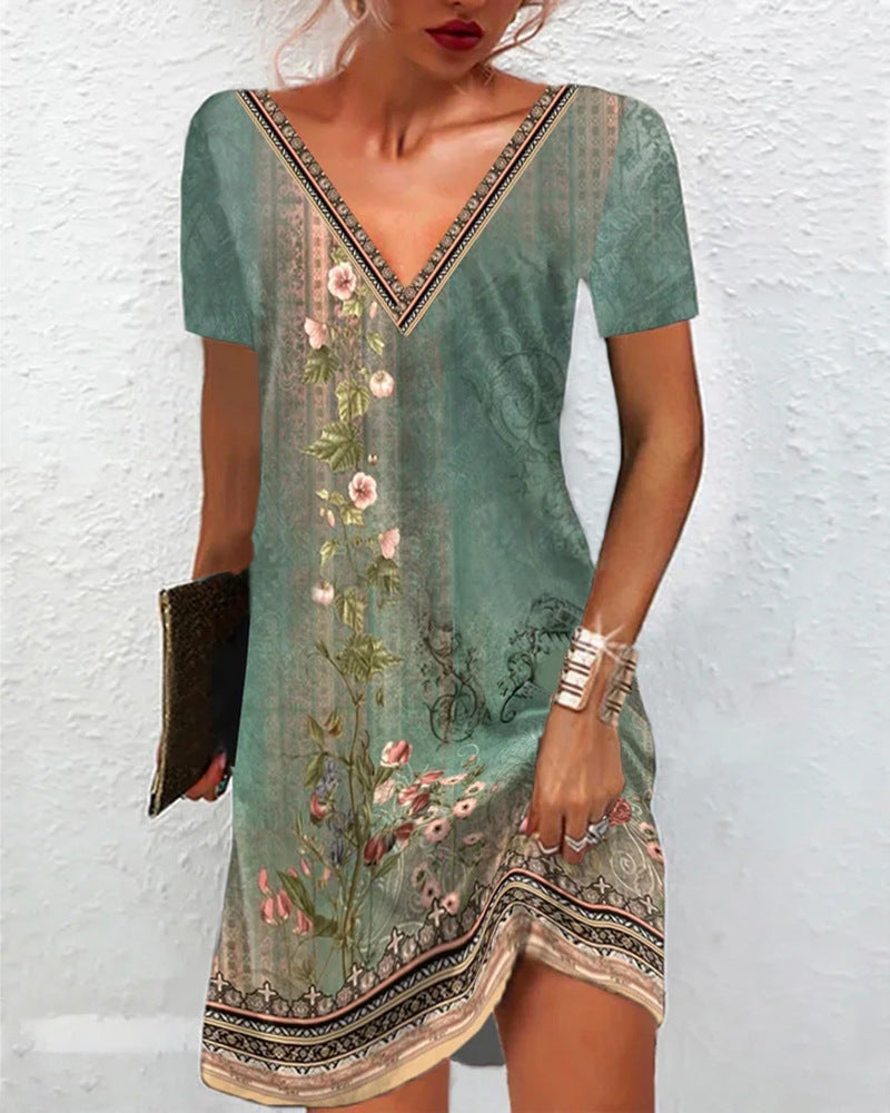 Frauen Floral V-Ausschnitt Tunika Kleid mit Border Print und langen Ärmeln – Lunéa
