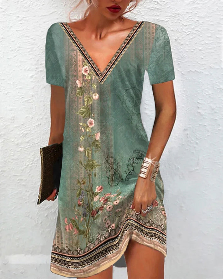 Frauen Floral V-Ausschnitt Tunika Kleid mit Border Print und langen Ärmeln – Lunéa