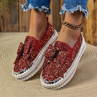 Damen Glitzer-Plateau-Slipper mit Schleifenapplikation und profilierter Komfortsohle Echo Archiv