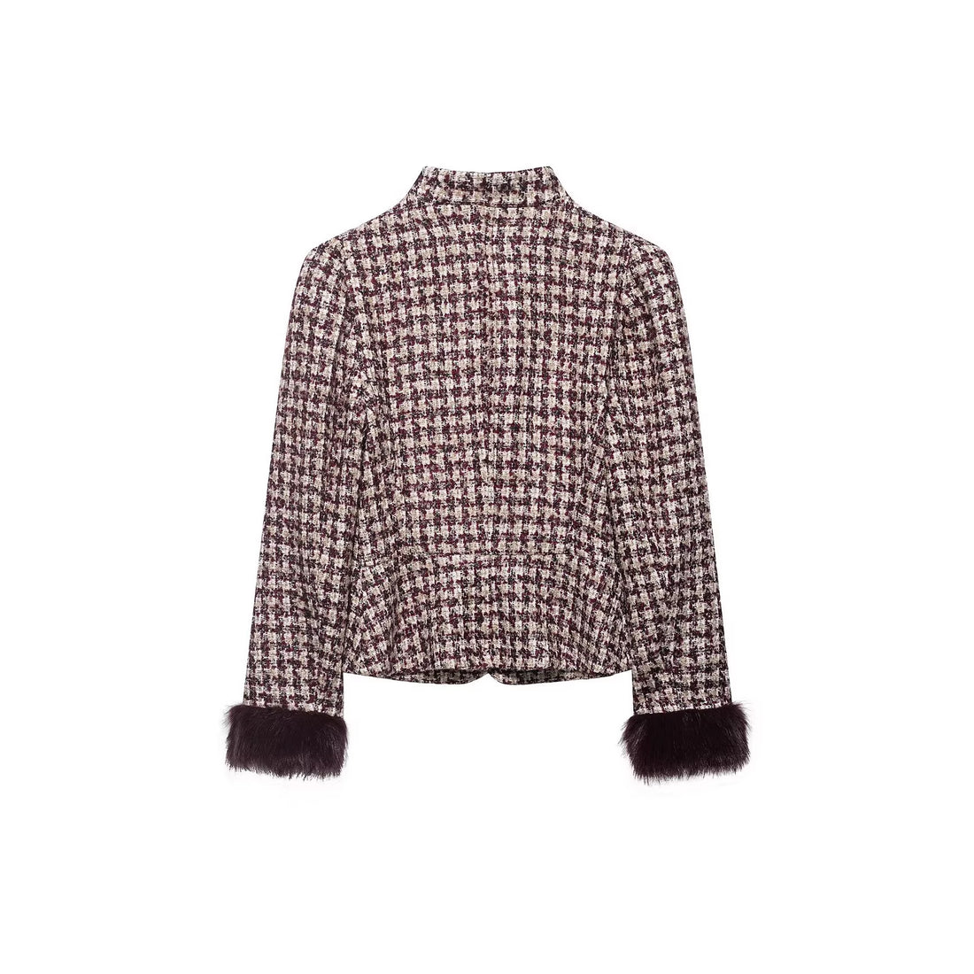 Damen Kurz geschnittene Bouclé‑Tweedjacke mit Stehkragen und Kunstfellmanschetten Echoarchiv