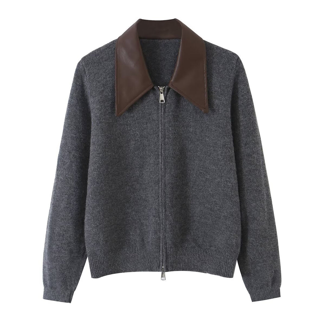 Damen Kurzer Wollmix-Cardigan mit Reißverschluss und kontrastierendem Kunstlederkragen Echoarchiv