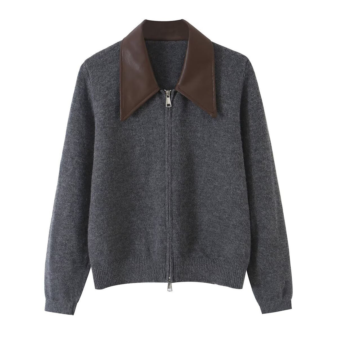 Damen Kurzer Wollmix-Cardigan mit Reißverschluss und kontrastierendem Kunstlederkragen Echoarchiv