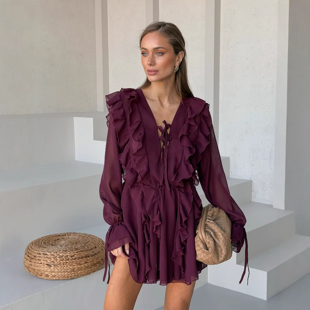 Damen Romantisches Chiffon-Minikleid mit Volants und Schnürdetail Echoarchiv