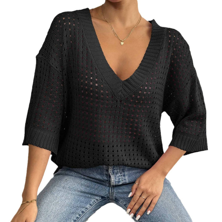 Damen luftiger Strickpullover mit V-Ausschnitt und dekorativem Lochmuster Echo Archiv