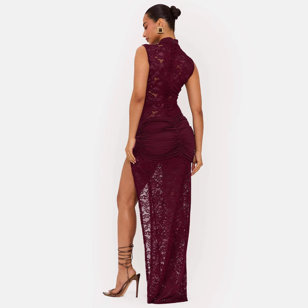 Damen Elegantes Spitzenkleid mit tiefem V-Ausschnitt und drapiertem Saum Echo Archiv