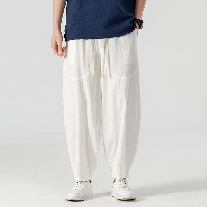 Herren Lässige Leinen-Baumwoll-Hose mit weitem Bein, Kordelzug und aufgesetzten Taschen Echoarchiv