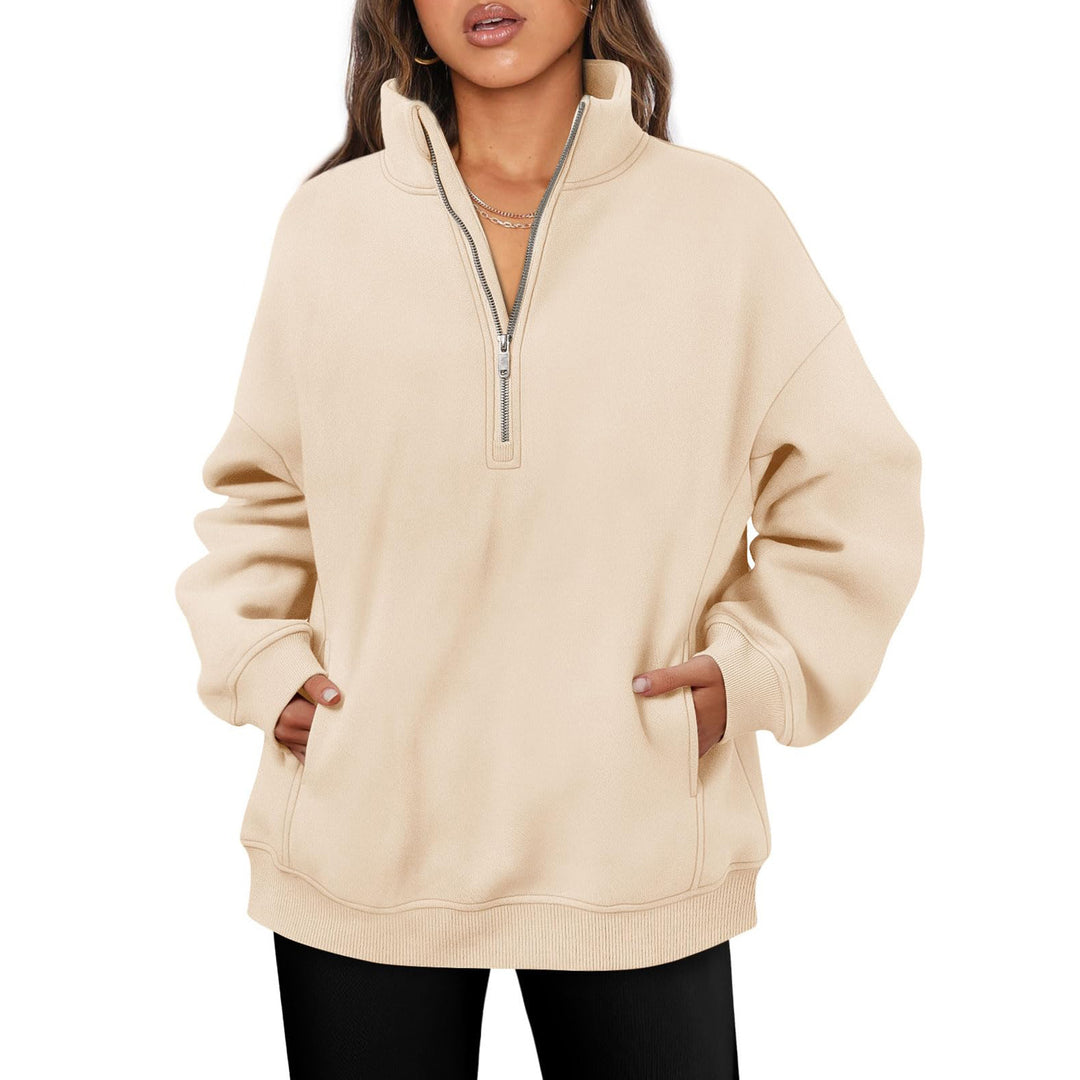 Damen nan oversized Halbzip-Pullover mit Stehkragen, Kängurutasche und Rippbündchen Echo Archiv